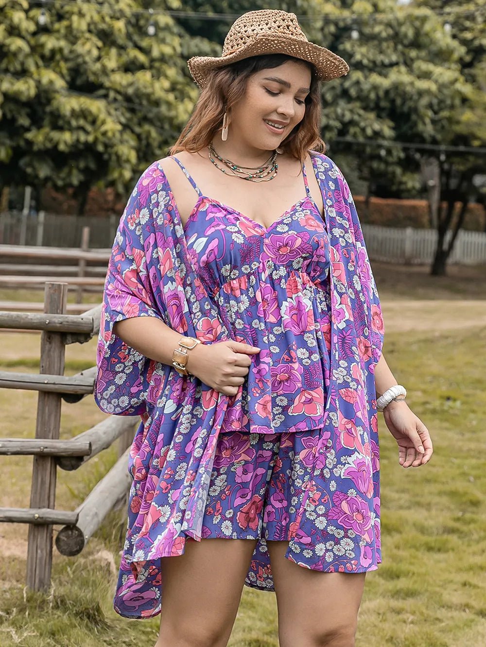 Plus Size Printed Cami, Open Front Cover Up and Shorts Set - MAD RUFFI