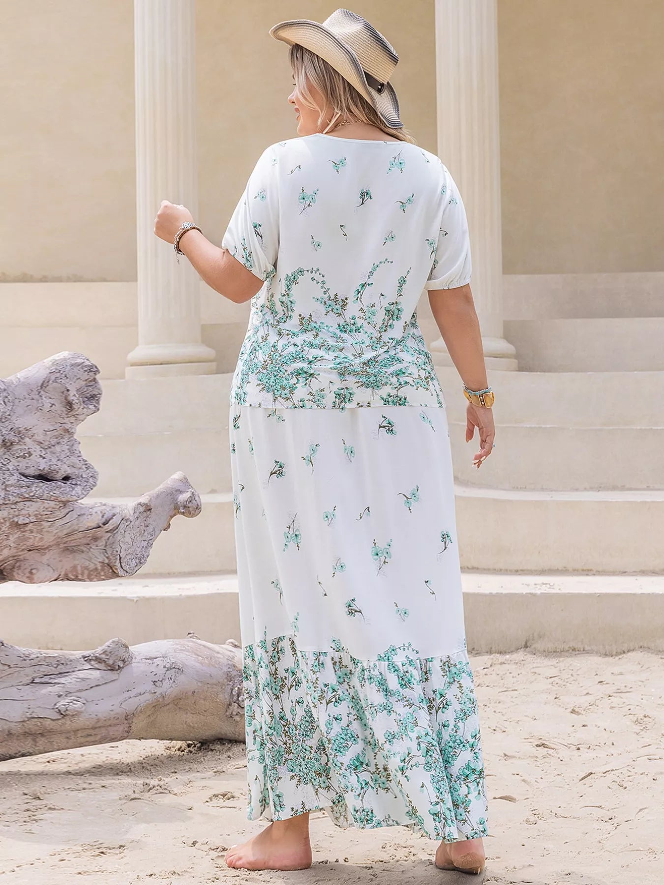 Plus Size Printed Lace Detail Short Sleeve Top and Skirt Set - MAD RUFFI