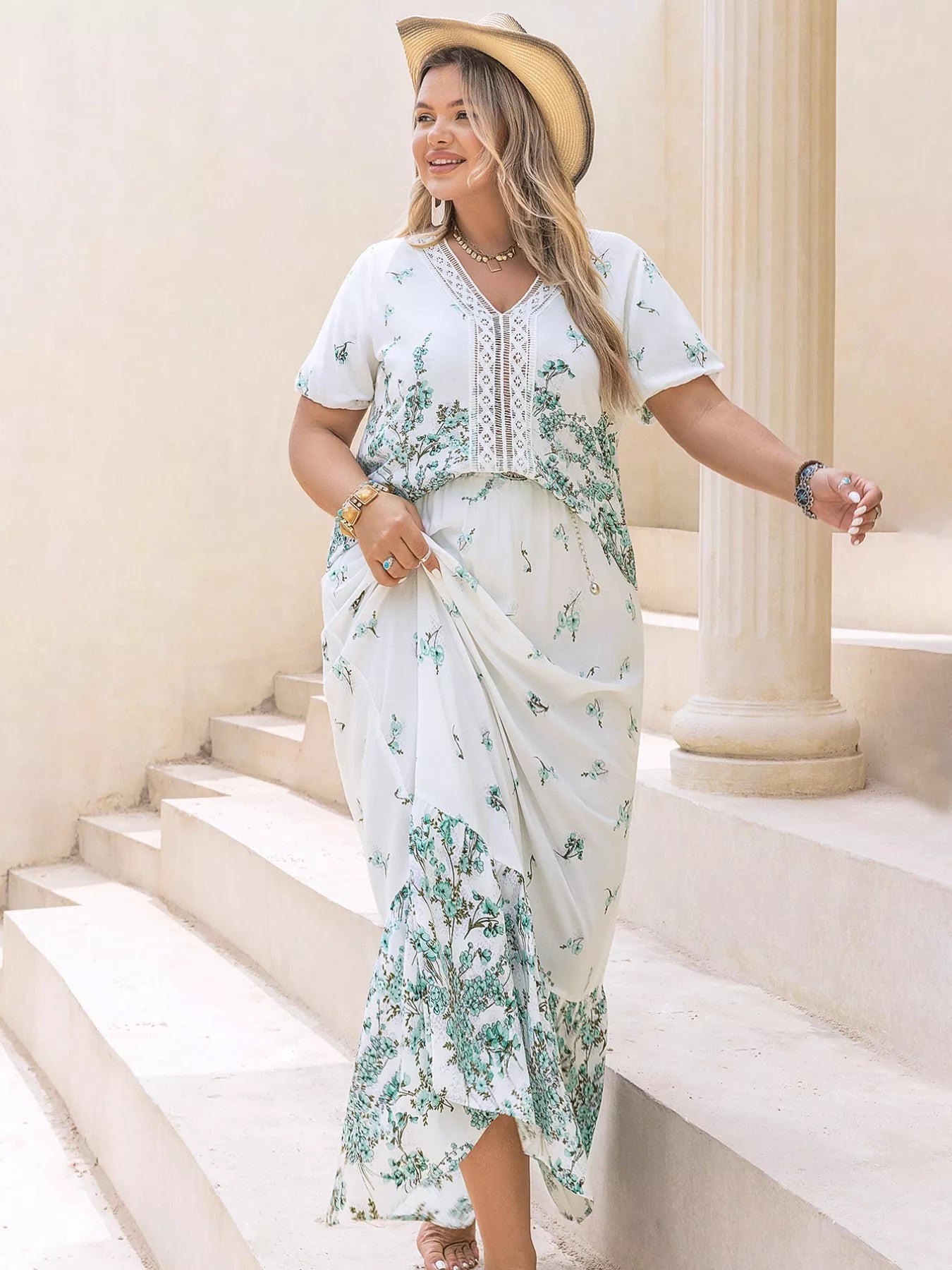 Plus Size Printed Lace Detail Short Sleeve Top and Skirt Set - MAD RUFFI