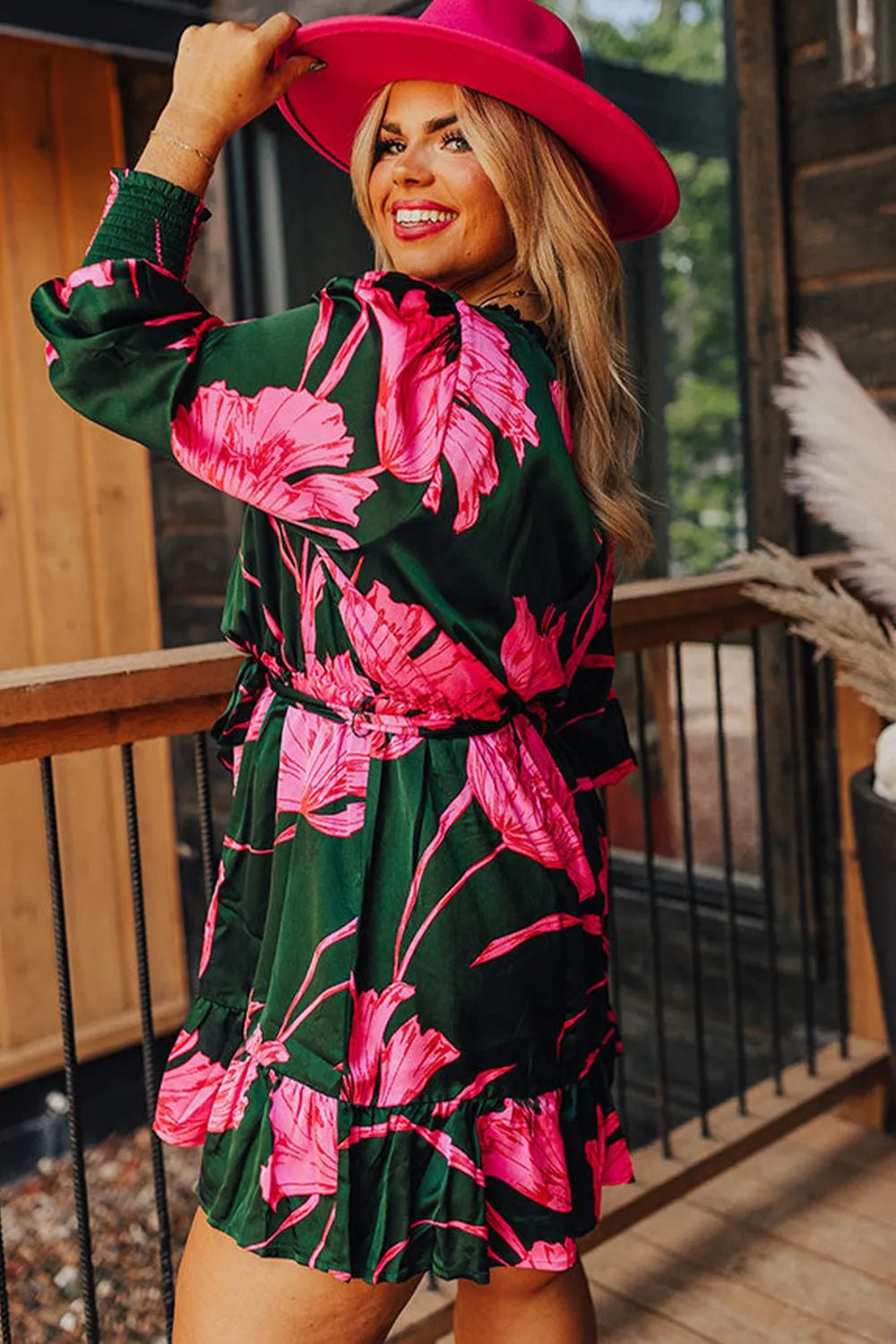 Plus Size Printed Lantern Sleeve Ruffle Hem Dress - MAD RUFFI