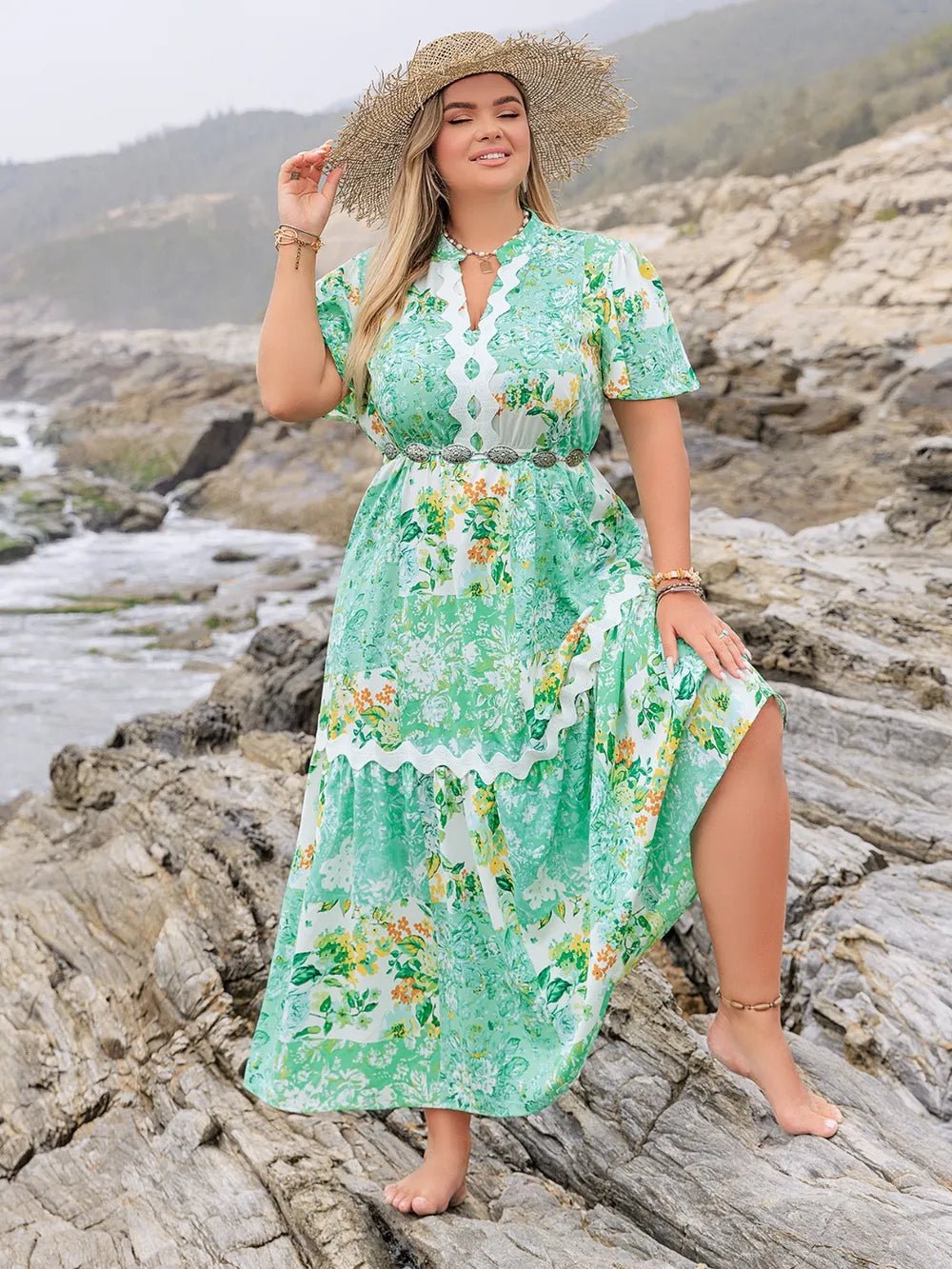 Plus Size Printed Notched Short Sleeve Maxi Dress - MAD RUFFI