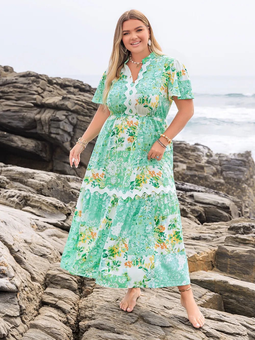 Plus Size Printed Notched Short Sleeve Maxi Dress - MAD RUFFI