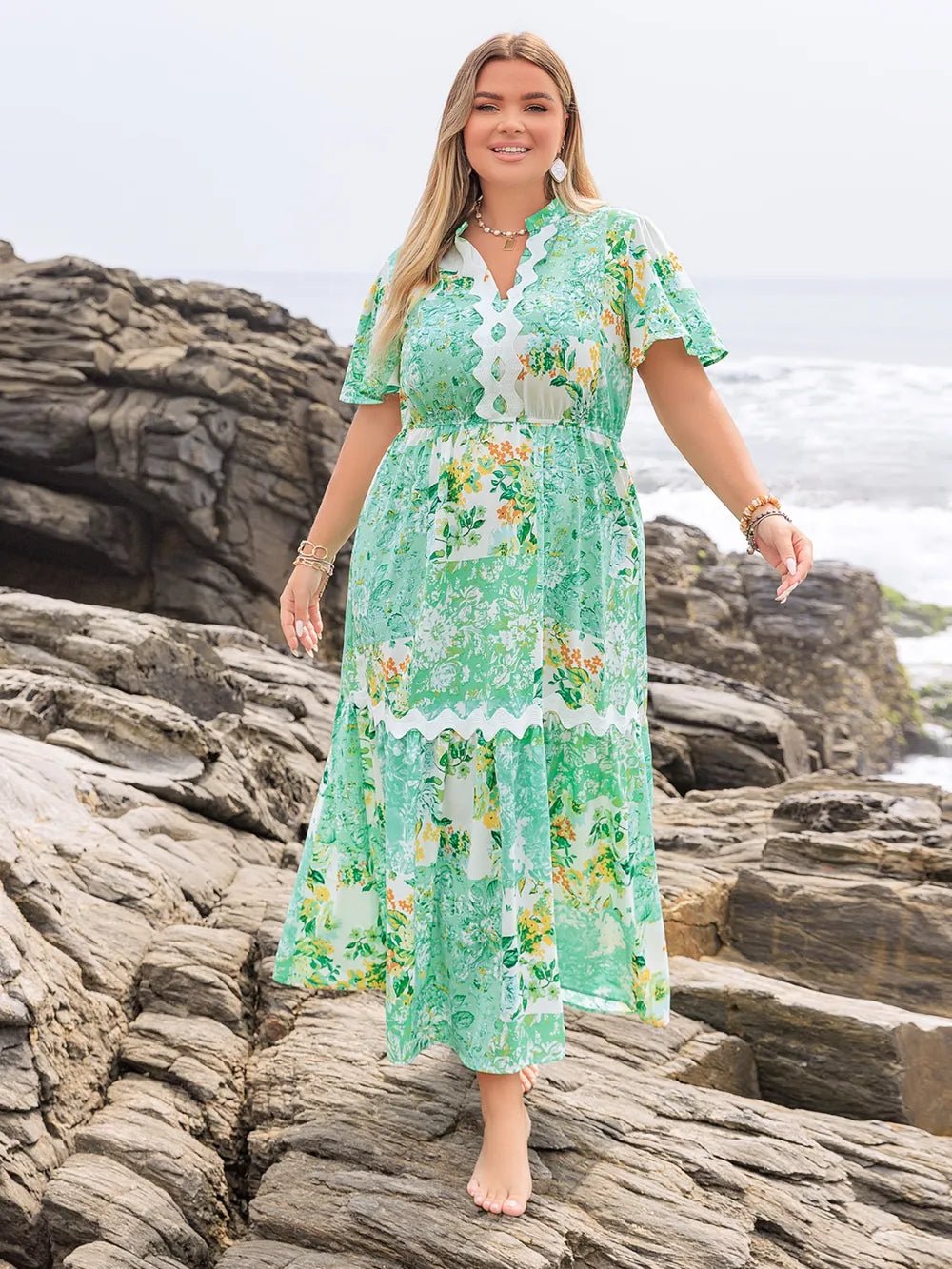Plus Size Printed Notched Short Sleeve Maxi Dress - MAD RUFFI