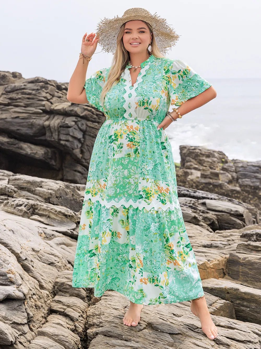 Plus Size Printed Notched Short Sleeve Maxi Dress - MAD RUFFI