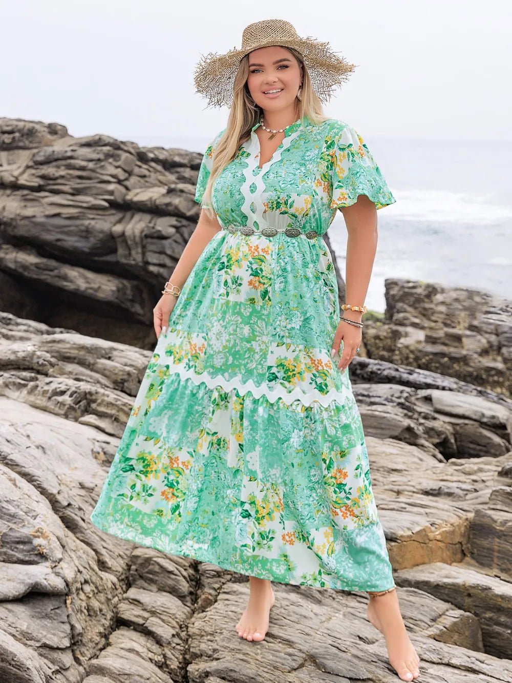 Plus Size Printed Notched Short Sleeve Maxi Dress - MAD RUFFI