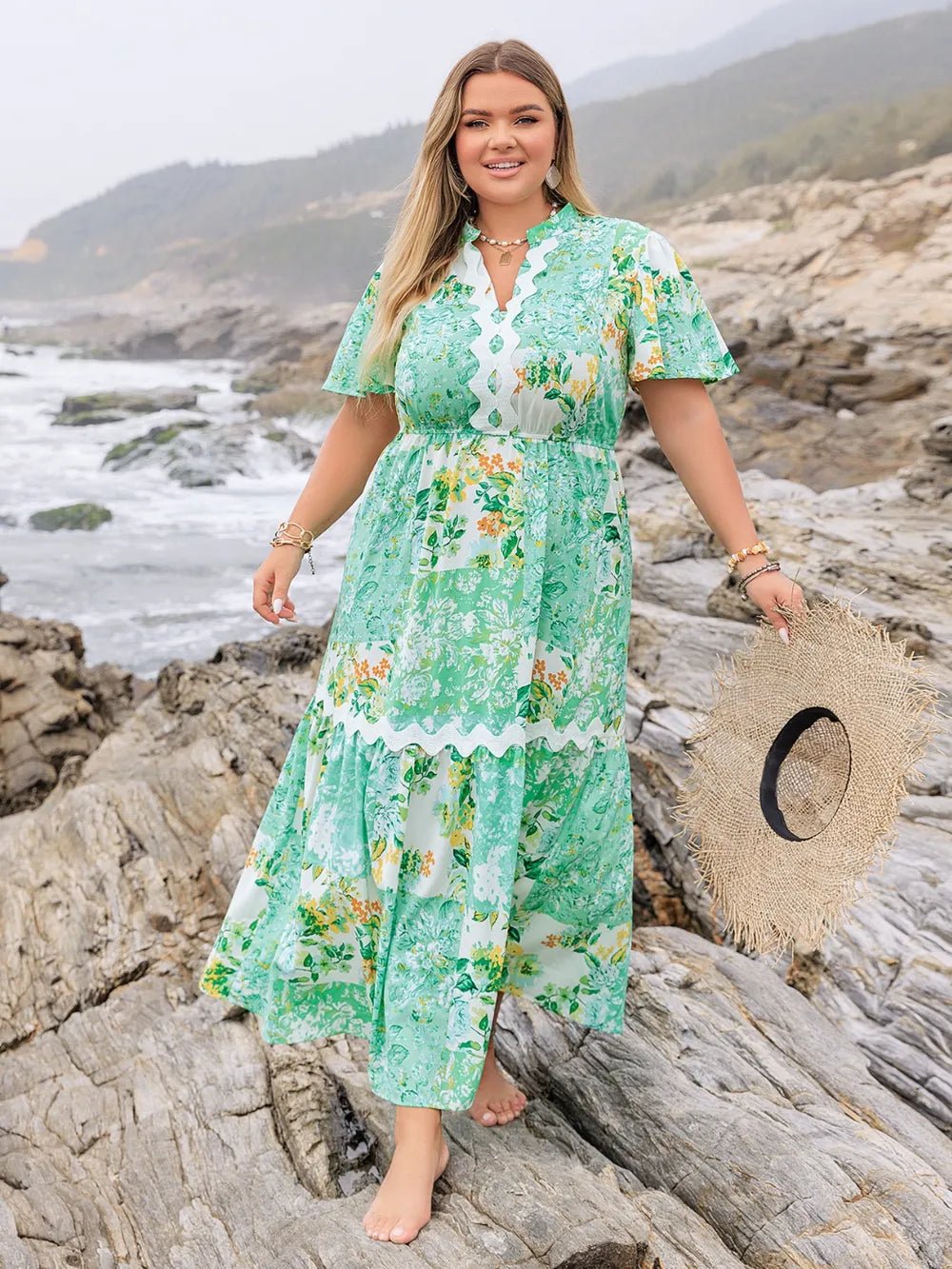 Plus Size Printed Notched Short Sleeve Maxi Dress - MAD RUFFI