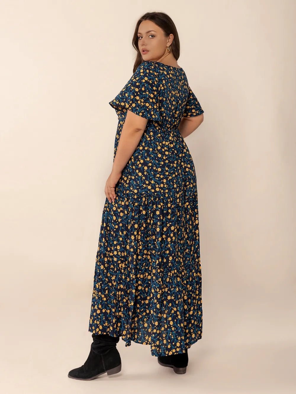 Plus Size Printed Short Sleeve Slit Tiered Maxi Dress - MAD RUFFI
