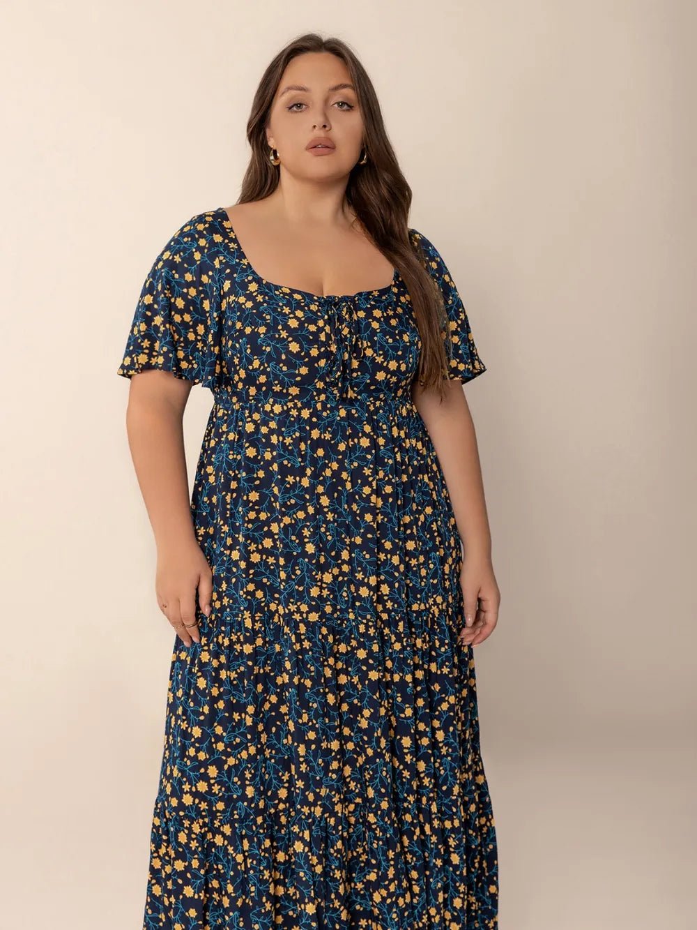 Plus Size Printed Short Sleeve Slit Tiered Maxi Dress - MAD RUFFI