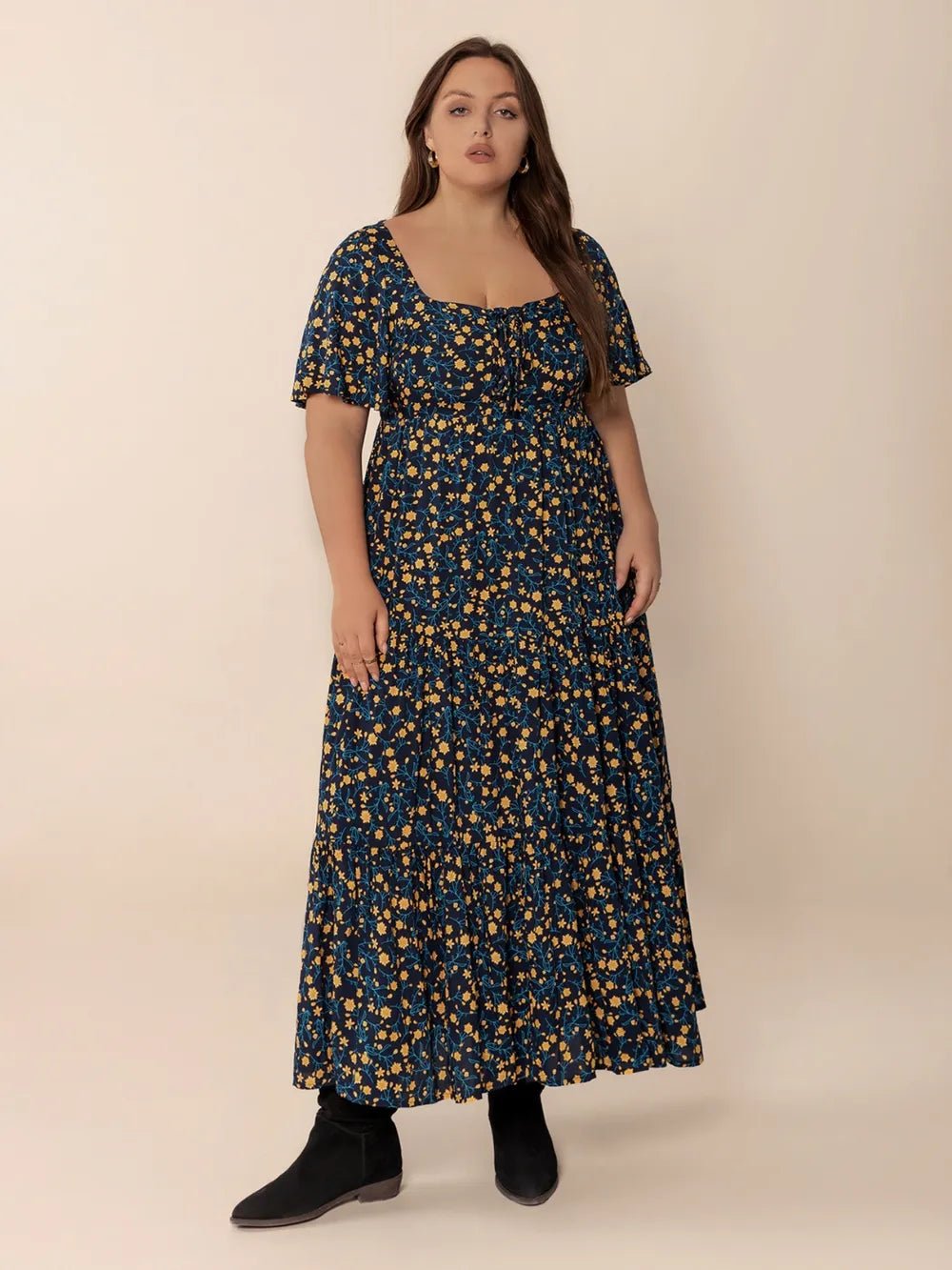 Plus Size Printed Short Sleeve Slit Tiered Maxi Dress - MAD RUFFI