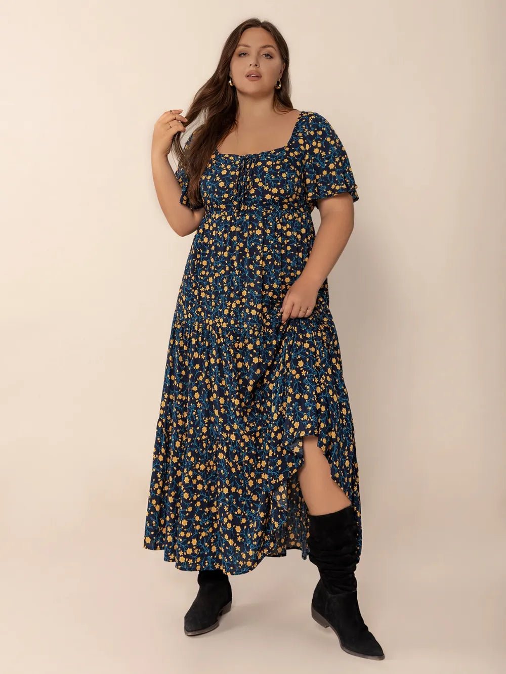 Plus Size Printed Short Sleeve Slit Tiered Maxi Dress - MAD RUFFI