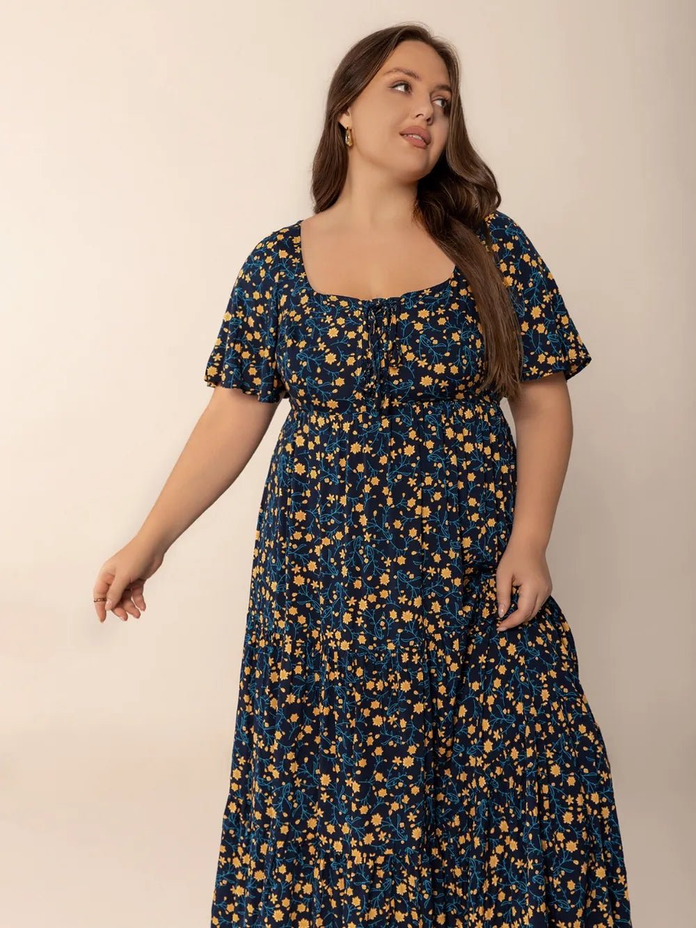 Plus Size Printed Short Sleeve Slit Tiered Maxi Dress - MAD RUFFI