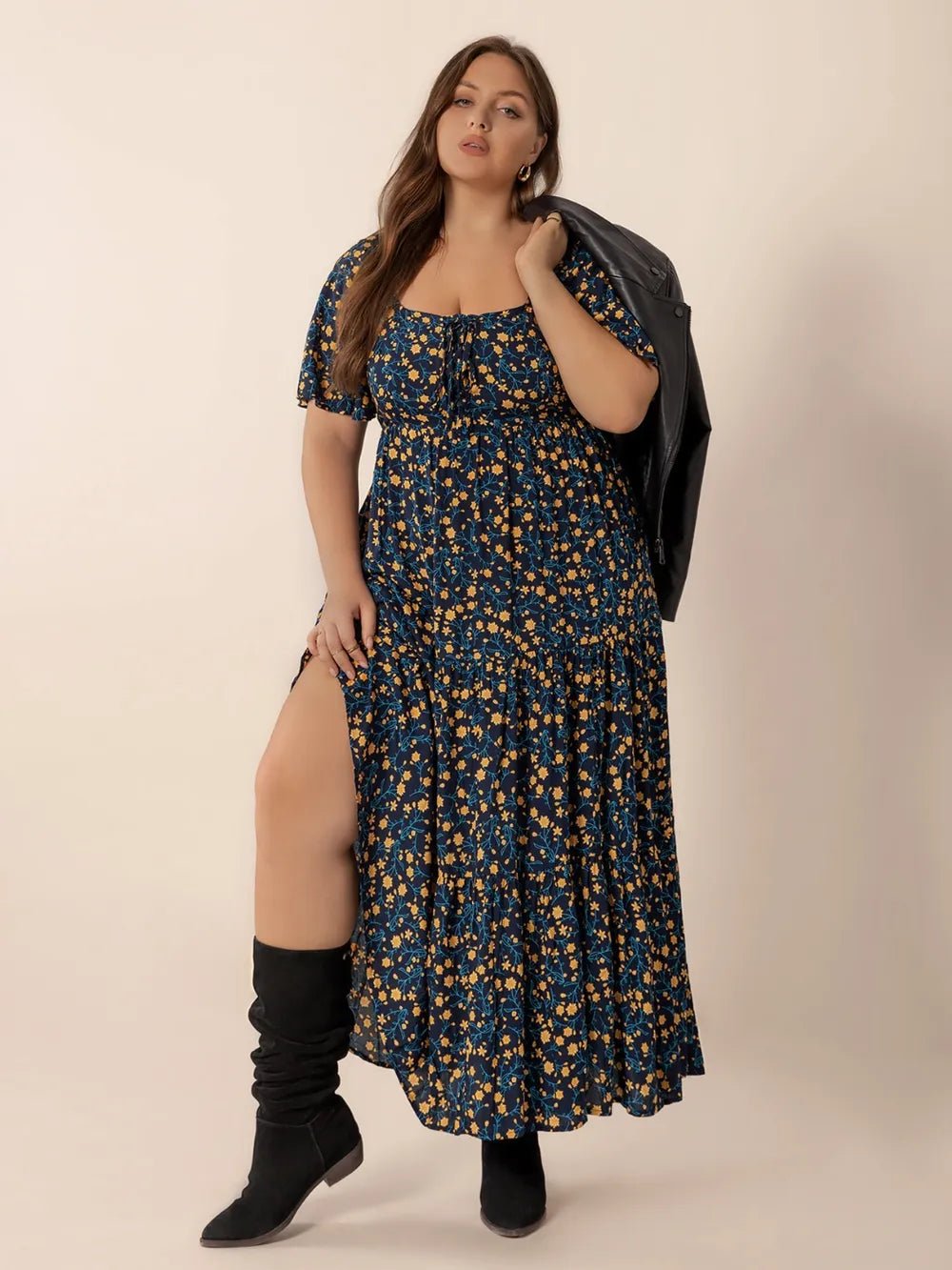 Plus Size Printed Short Sleeve Slit Tiered Maxi Dress - MAD RUFFI