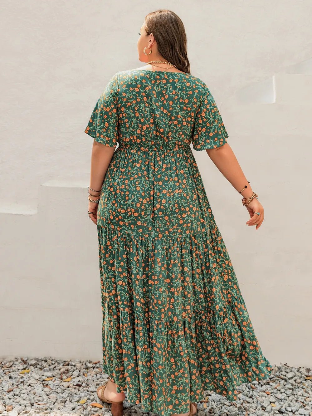Plus Size Printed Short Sleeve Tiered Maxi Dress - MAD RUFFI
