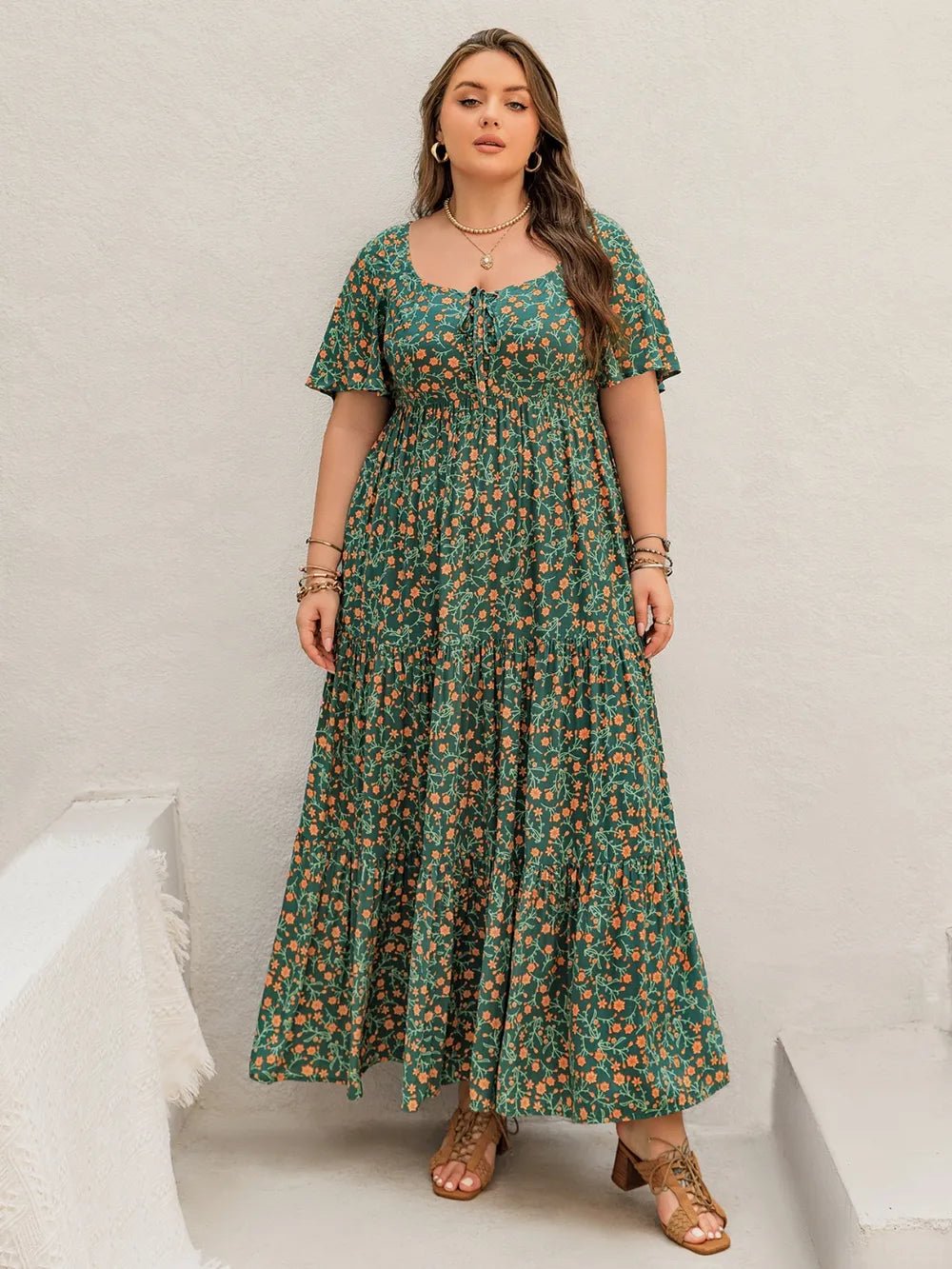 Plus Size Printed Short Sleeve Tiered Maxi Dress - MAD RUFFI