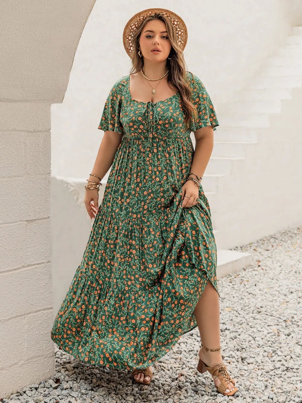 Plus Size Printed Short Sleeve Tiered Maxi Dress - MAD RUFFI