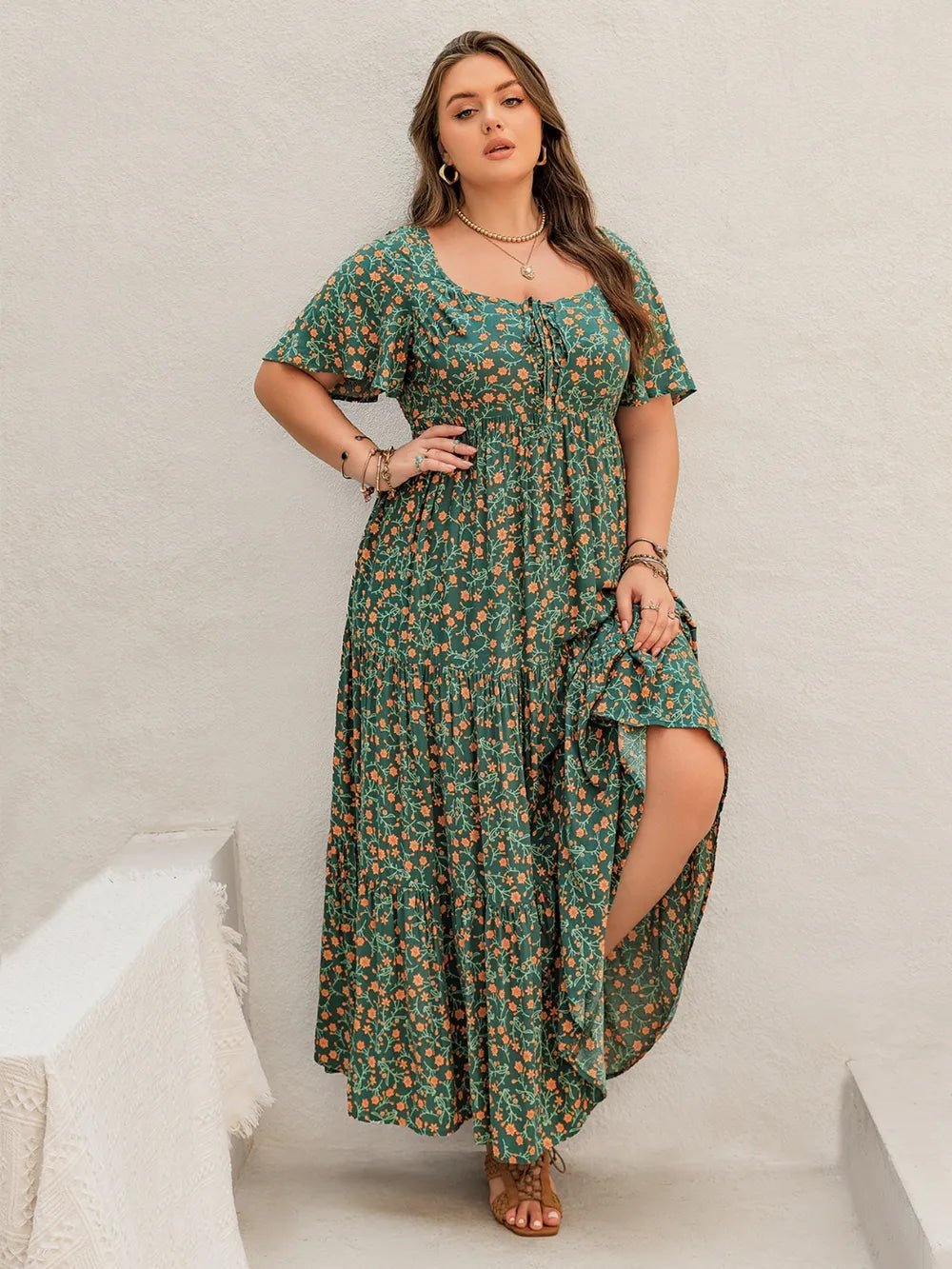 Plus Size Printed Short Sleeve Tiered Maxi Dress - MAD RUFFI
