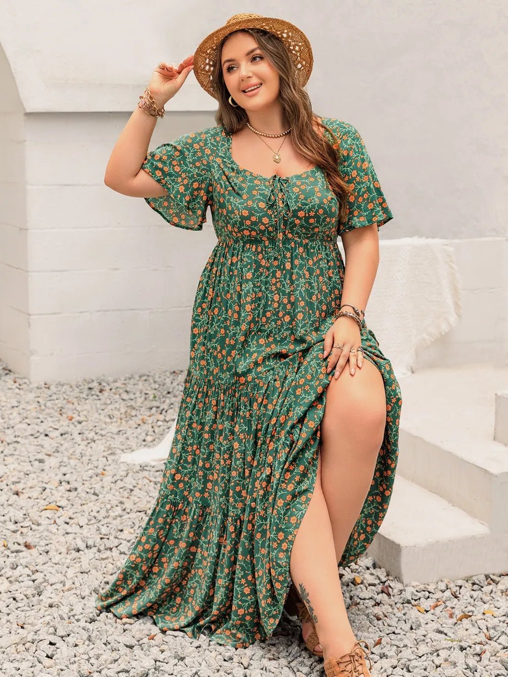 Plus Size Printed Short Sleeve Tiered Maxi Dress - MAD RUFFI