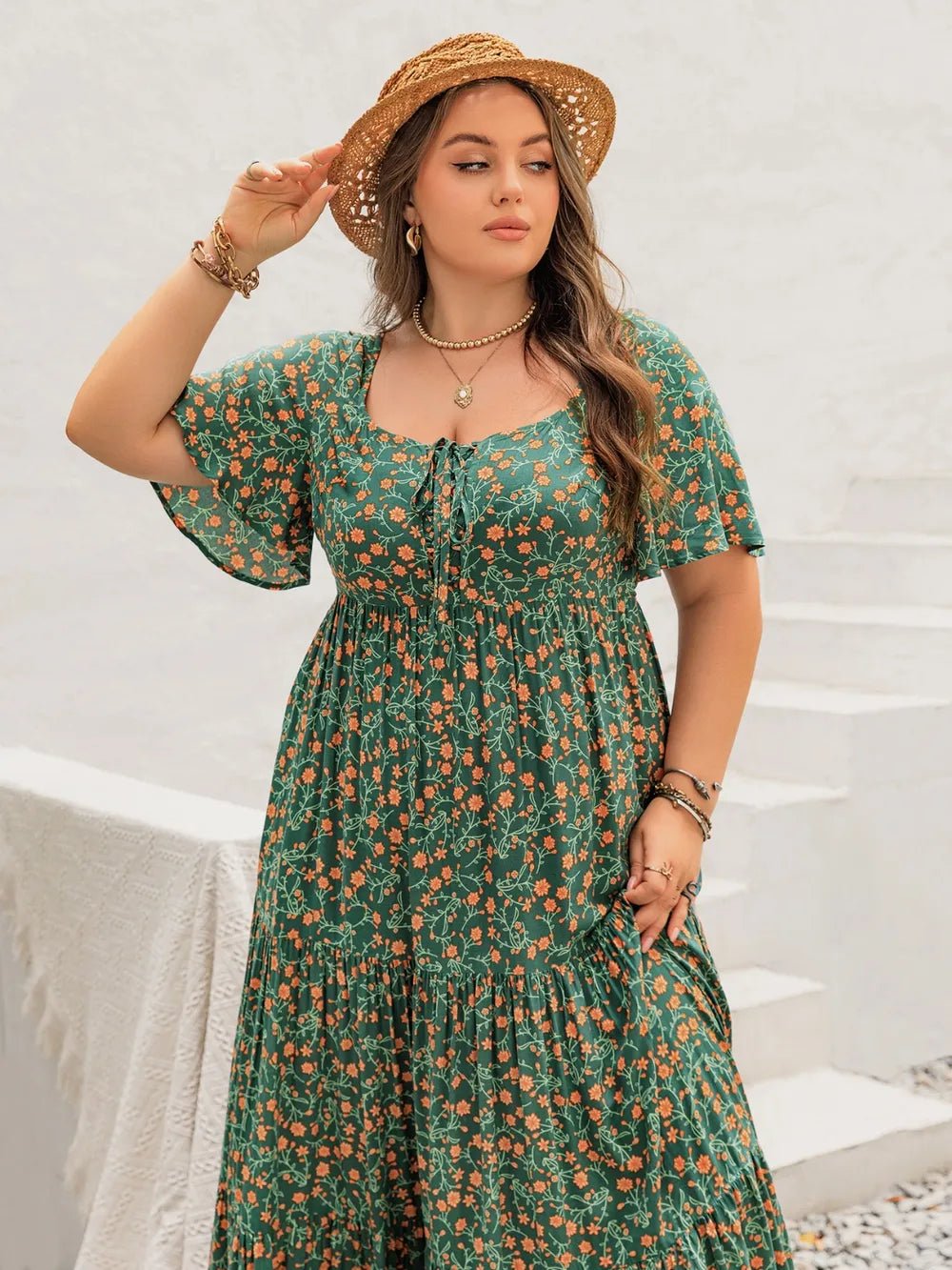 Plus Size Printed Short Sleeve Tiered Maxi Dress - MAD RUFFI