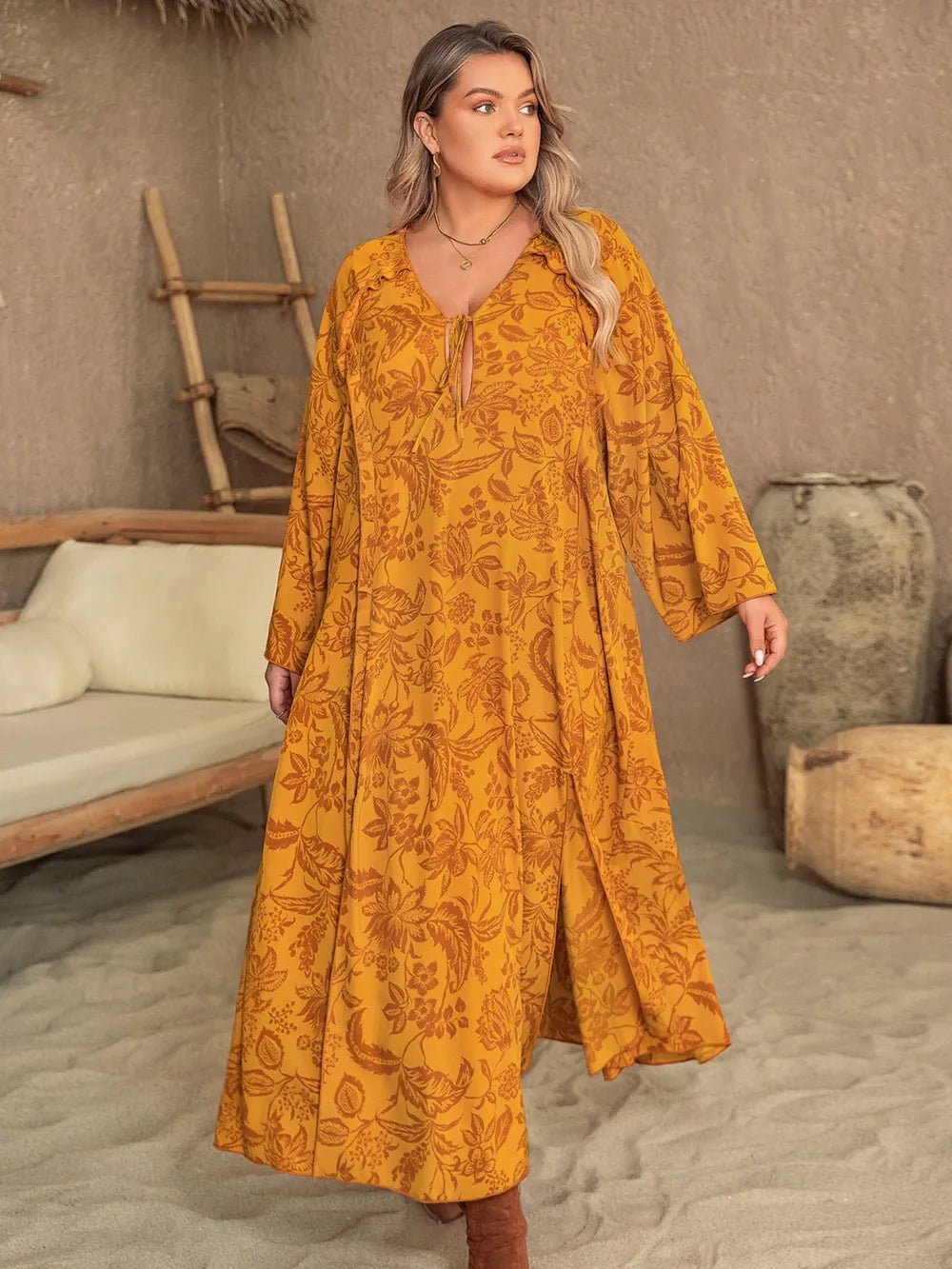 Plus Size Printed Slit Long Sleeve Dress - MAD RUFFI
