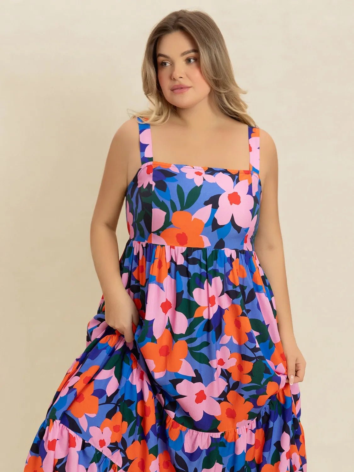 Plus Size Printed Square Neck Cami Dress - MAD RUFFI