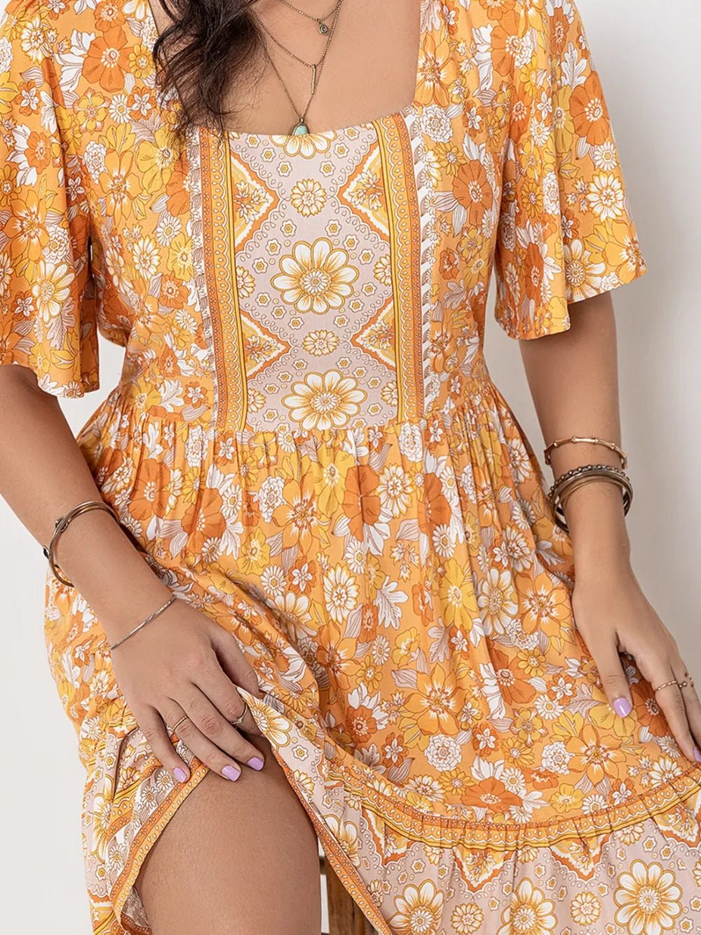 Plus Size Printed Square Neck Short Sleeve Dress - MAD RUFFI