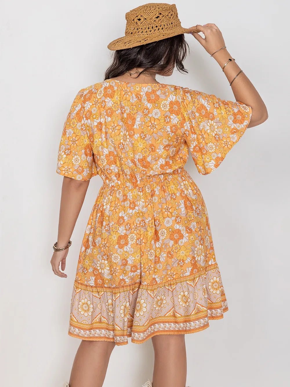 Plus Size Printed Square Neck Short Sleeve Dress - MAD RUFFI