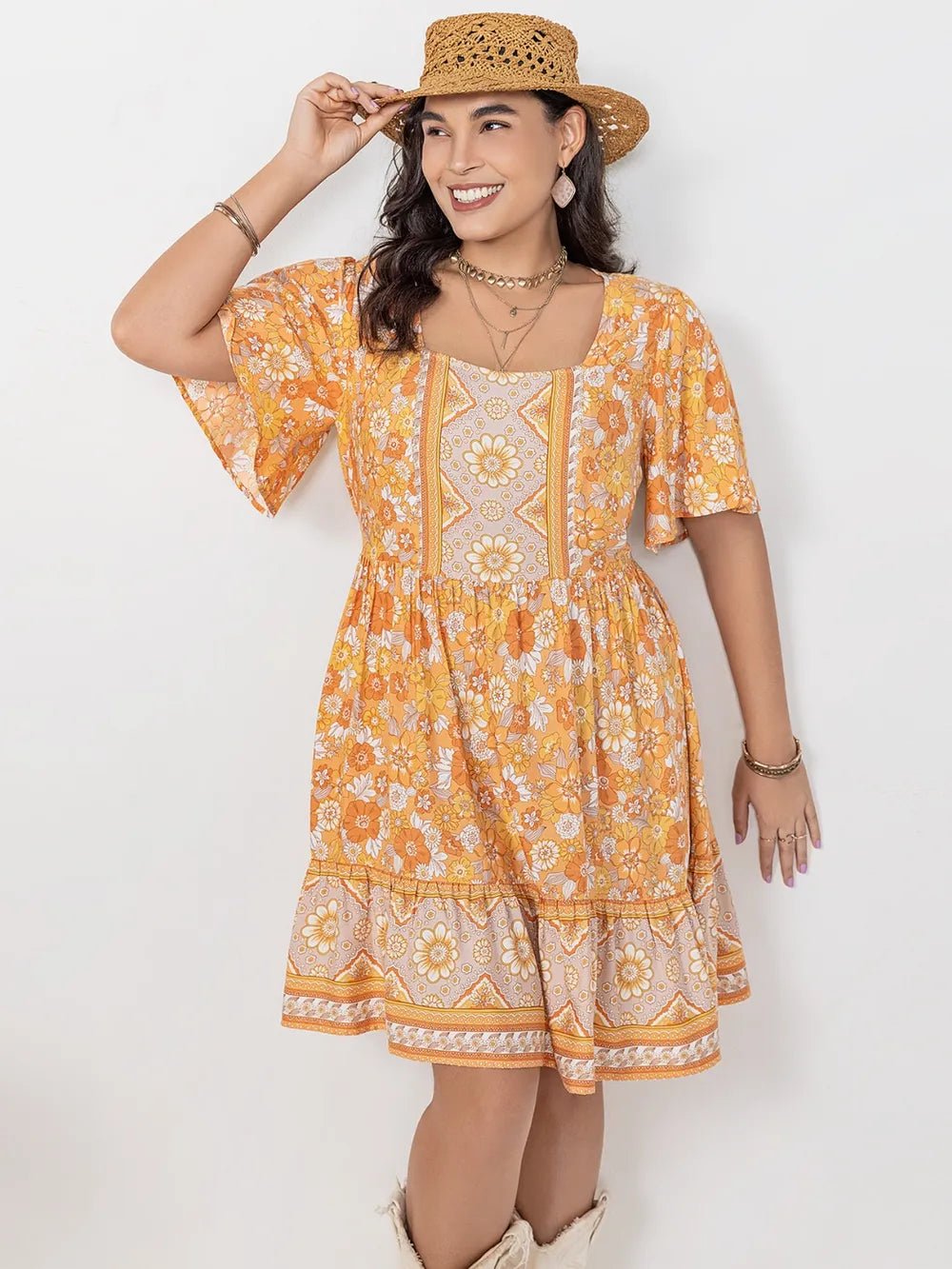 Plus Size Printed Square Neck Short Sleeve Dress - MAD RUFFI