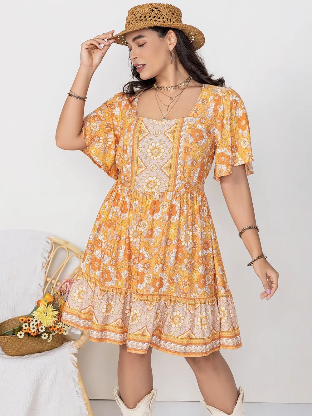 Plus Size Printed Square Neck Short Sleeve Dress - MAD RUFFI