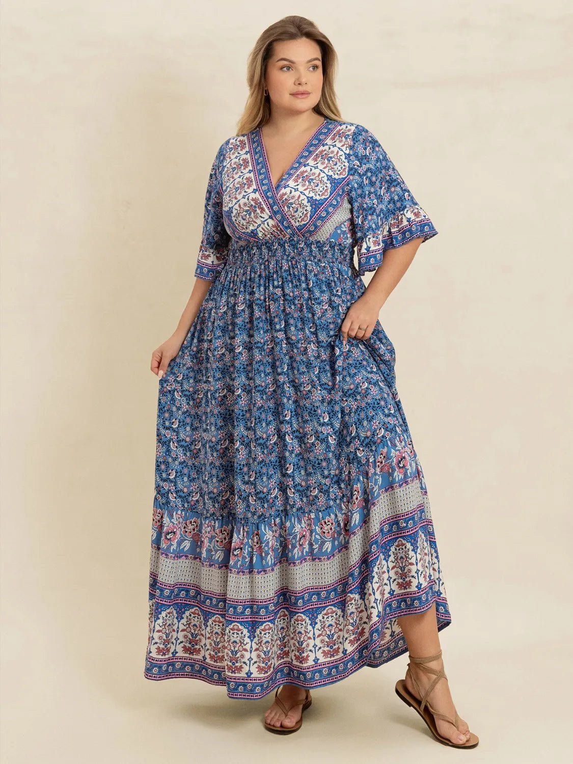 Plus Size Printed Surplice Half Sleeve Dress - MAD RUFFI