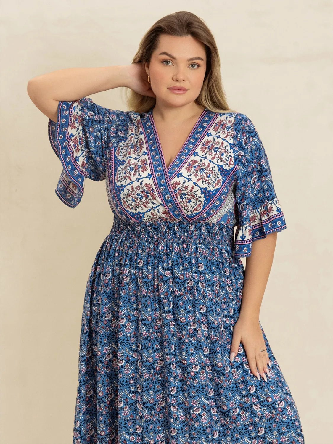 Plus Size Printed Surplice Half Sleeve Dress - MAD RUFFI
