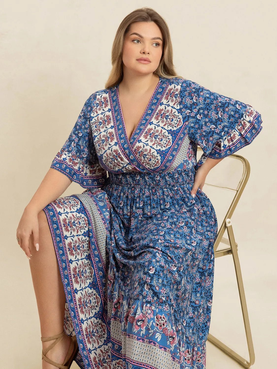 Plus Size Printed Surplice Half Sleeve Dress - MAD RUFFI