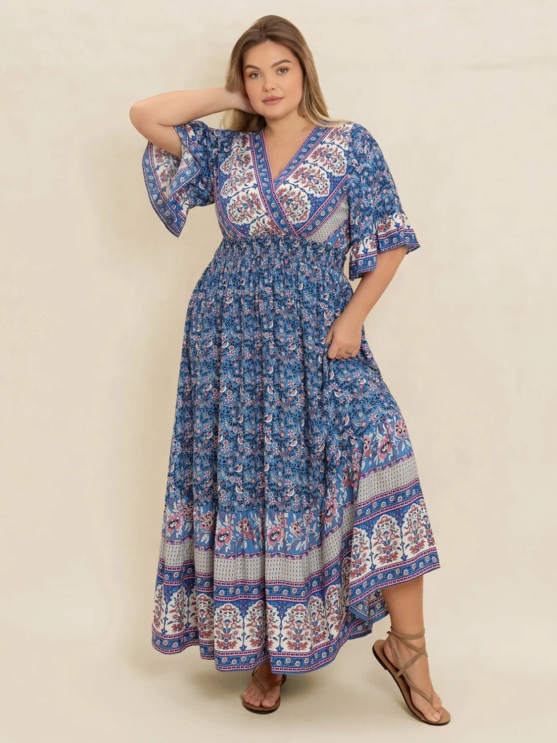 Plus Size Printed Surplice Half Sleeve Dress - MAD RUFFI