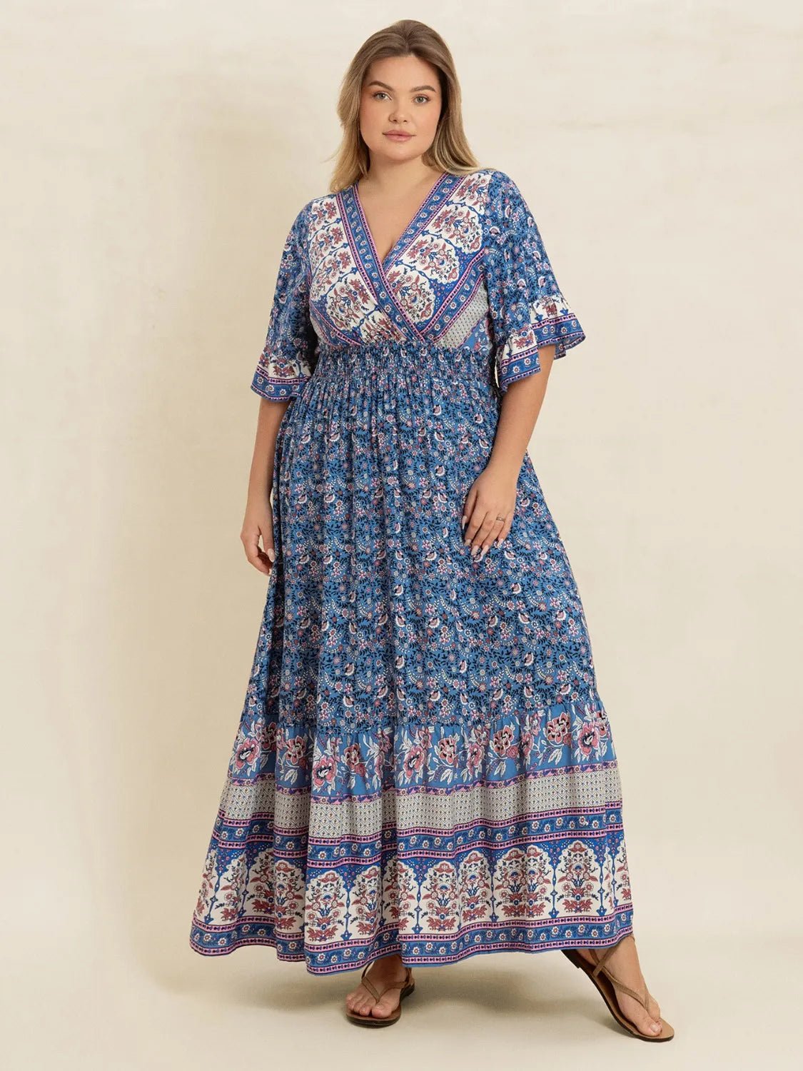 Plus Size Printed Surplice Half Sleeve Dress - MAD RUFFI