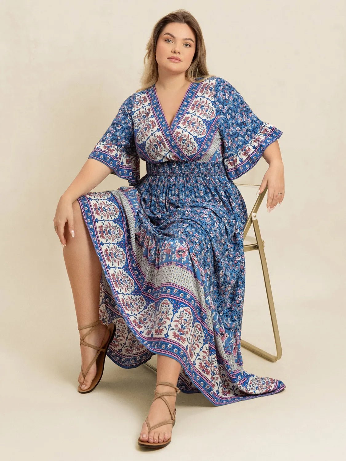 Plus Size Printed Surplice Half Sleeve Dress - MAD RUFFI