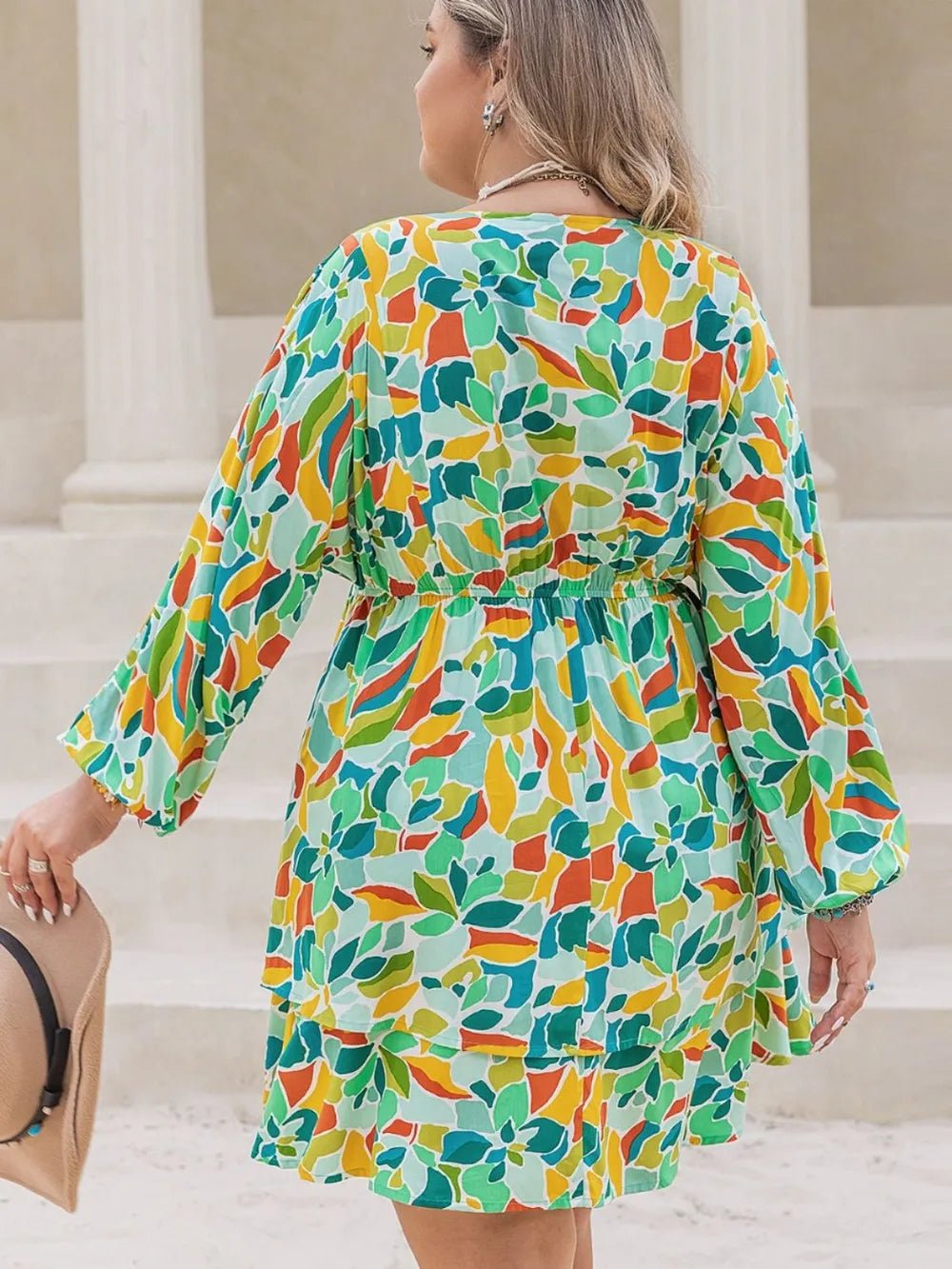 Plus Size Printed Surplice Long Sleeve Mini Dress - MAD RUFFI