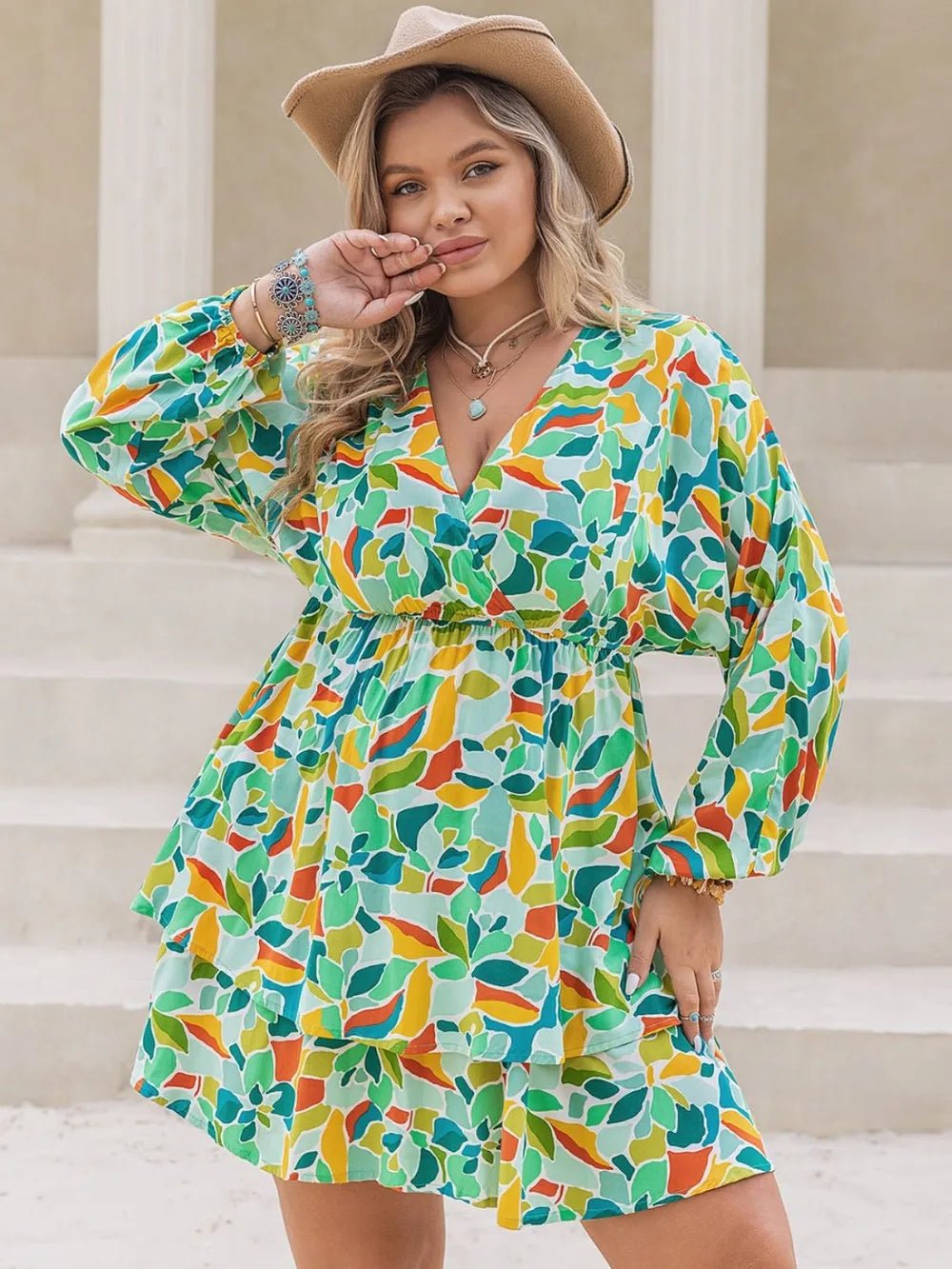Plus Size Printed Surplice Long Sleeve Mini Dress - MAD RUFFI