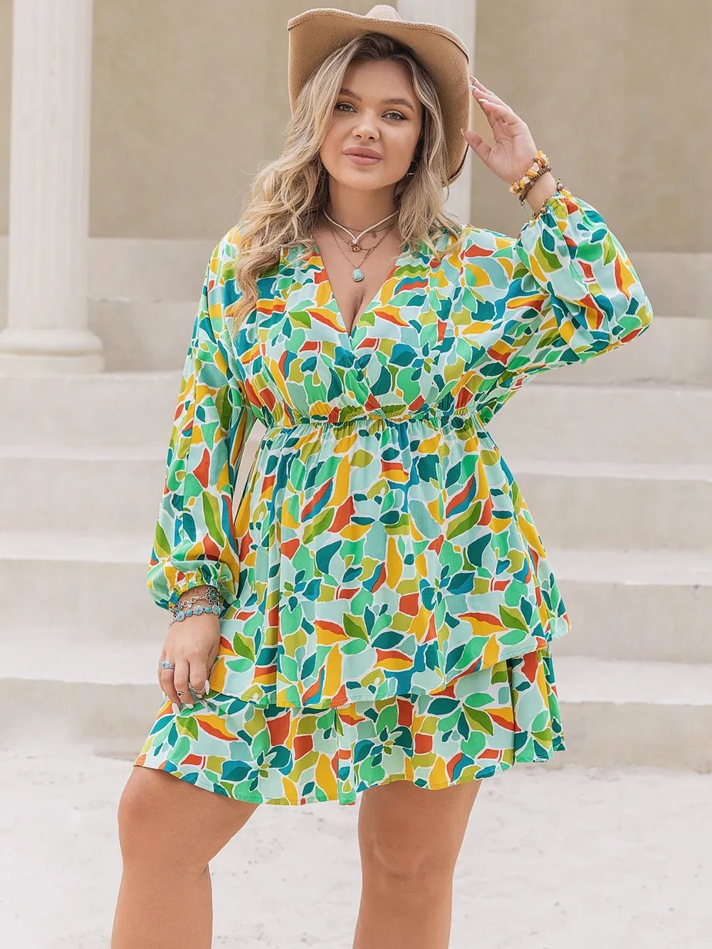 Plus Size Printed Surplice Long Sleeve Mini Dress - MAD RUFFI