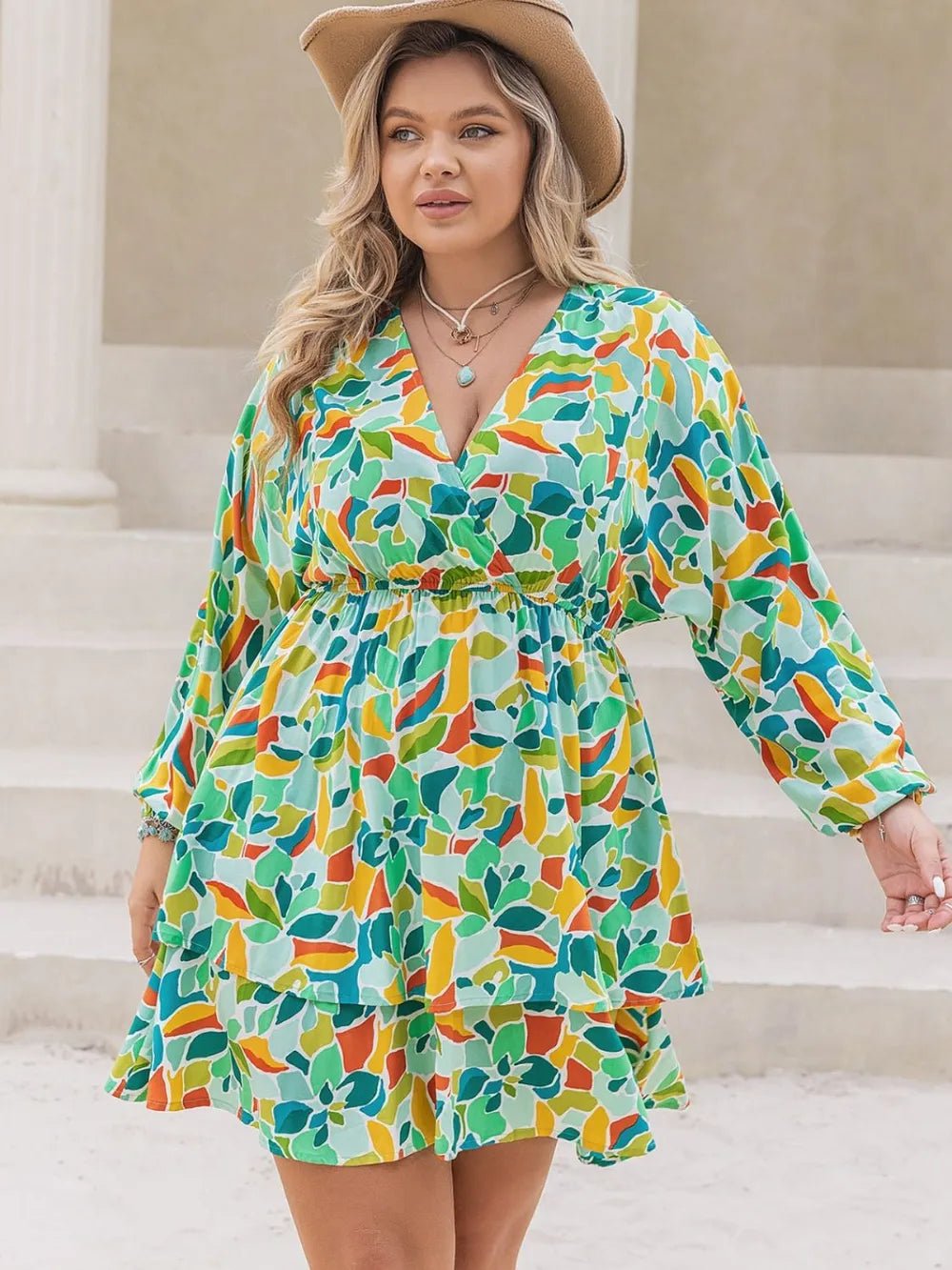 Plus Size Printed Surplice Long Sleeve Mini Dress - MAD RUFFI