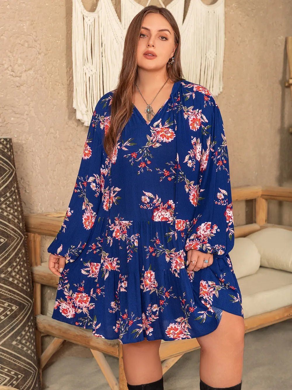 Plus Size Printed Tie Neck Balloon Sleeve Mini Dress - MAD RUFFI