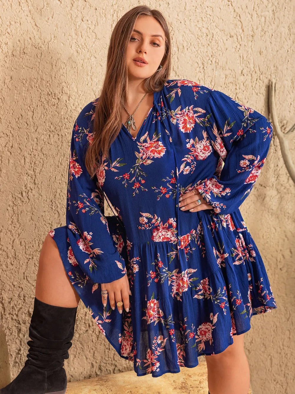 Plus Size Printed Tie Neck Balloon Sleeve Mini Dress - MAD RUFFI