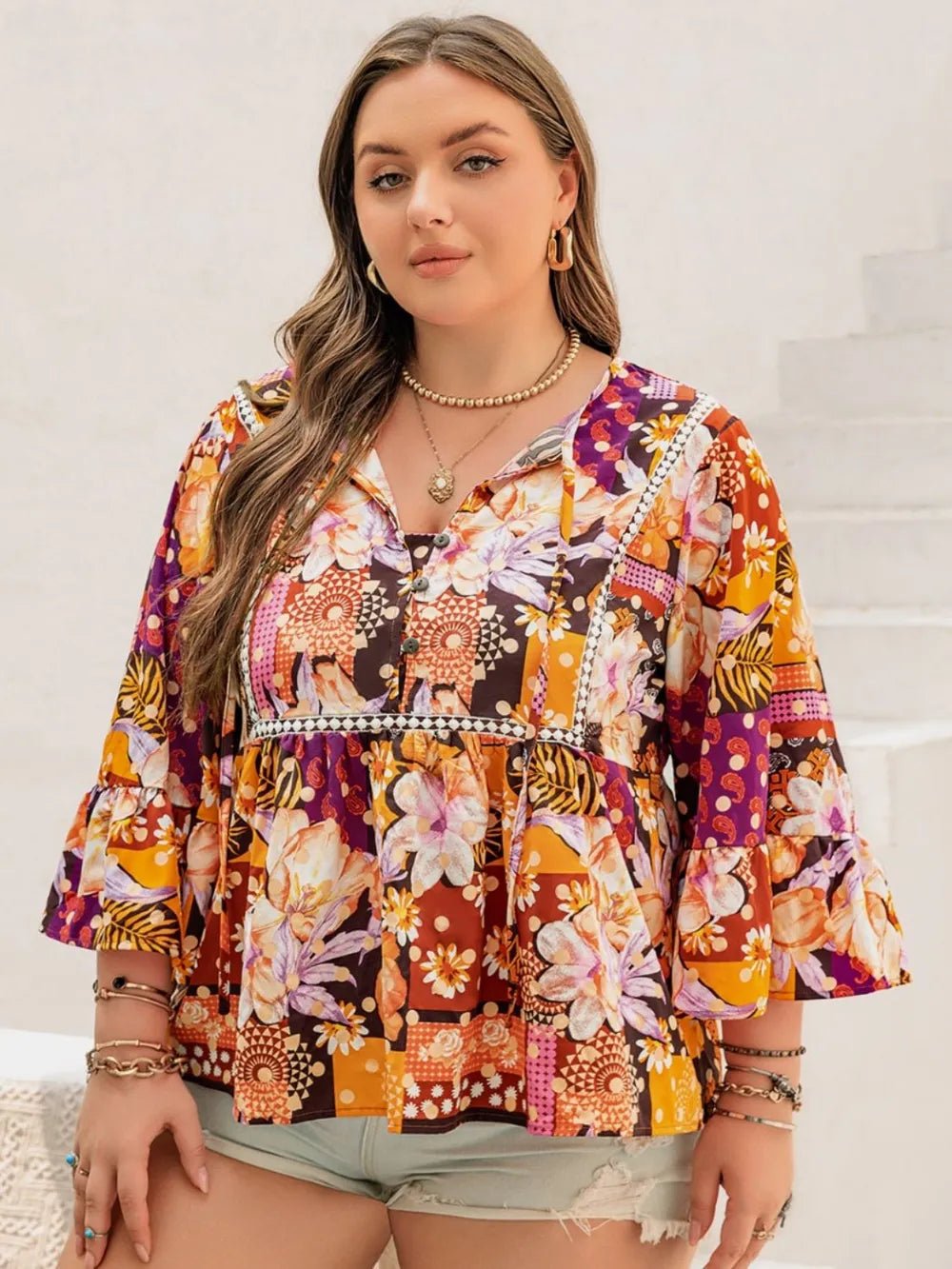 Plus Size Printed Tie Neck Blouse - MAD RUFFI