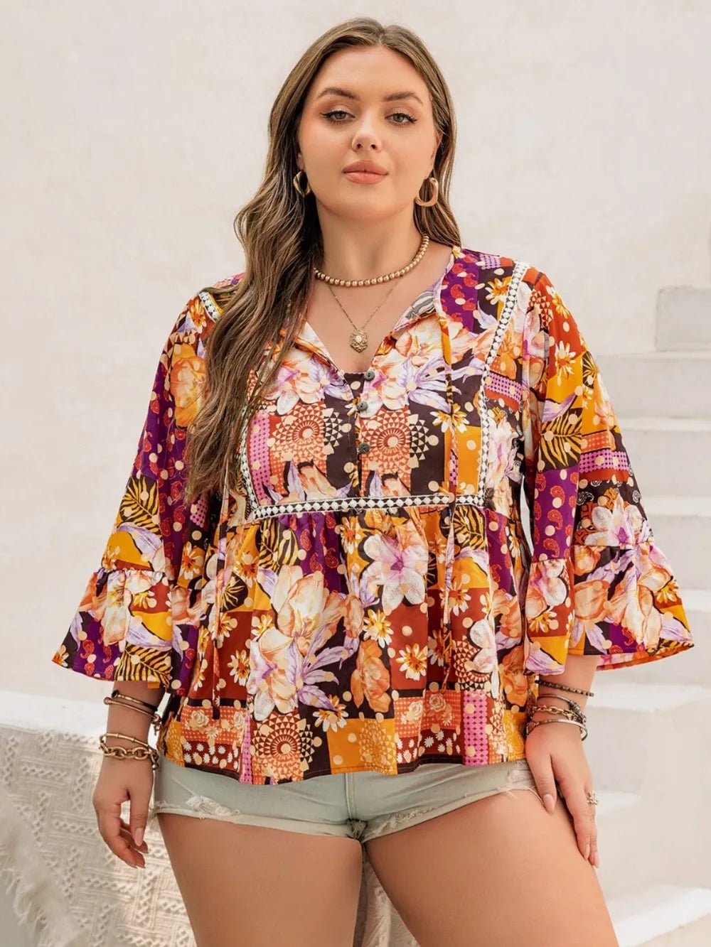 Plus Size Printed Tie Neck Blouse - MAD RUFFI