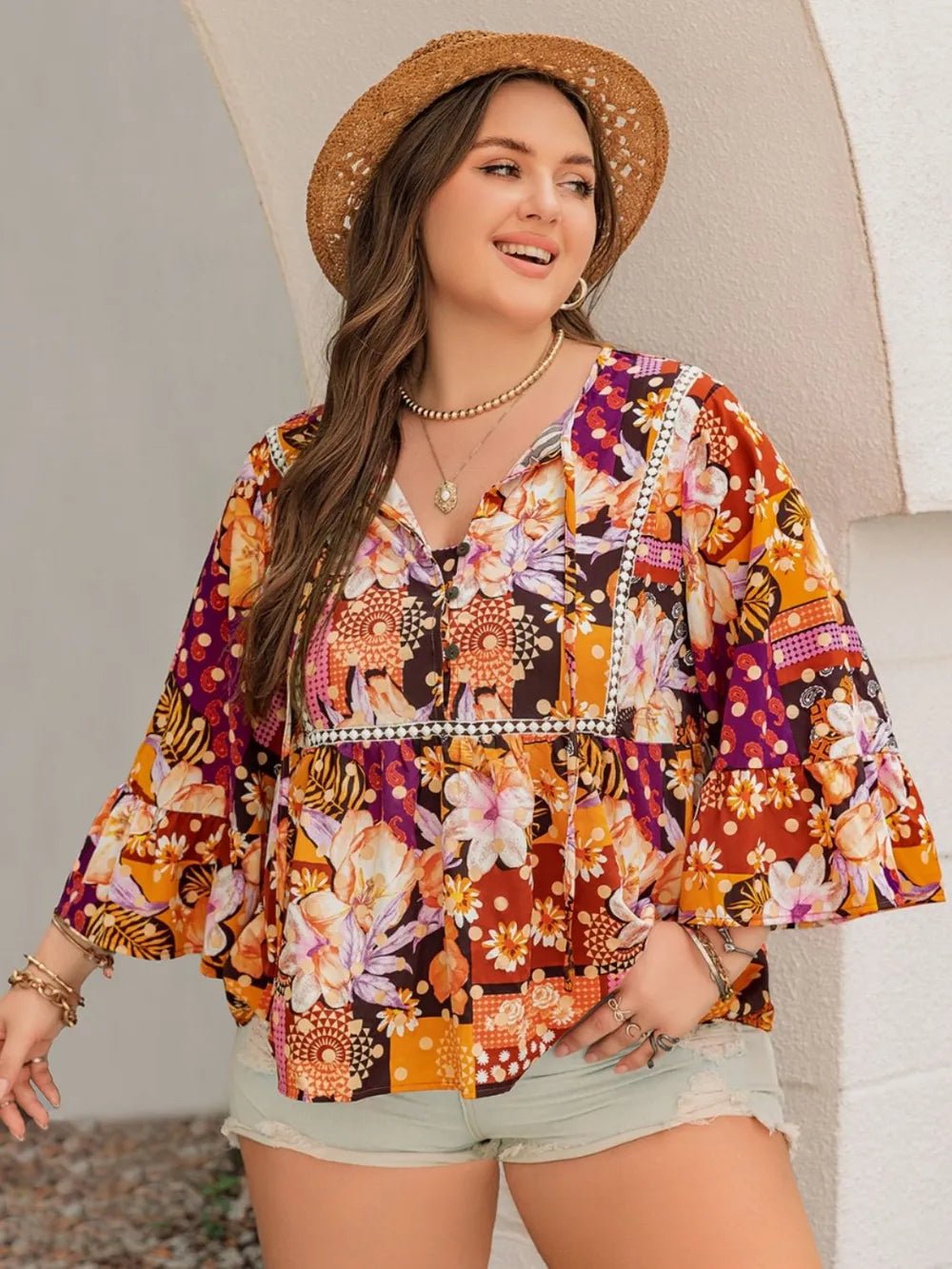 Plus Size Printed Tie Neck Blouse - MAD RUFFI