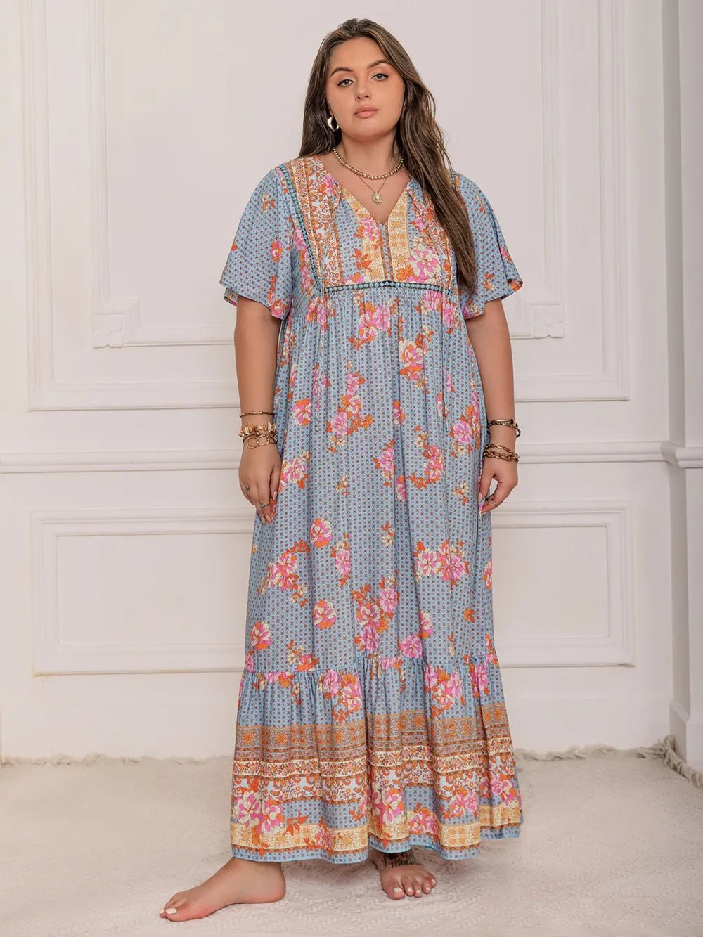 Plus Size Printed Tie Neck Flutter Sleeve Maxi Dress - MAD RUFFI