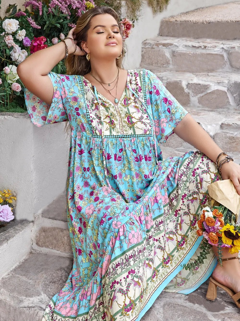 Plus Size Printed Tie Neck Flutter Sleeve Maxi Dress - MAD RUFFI