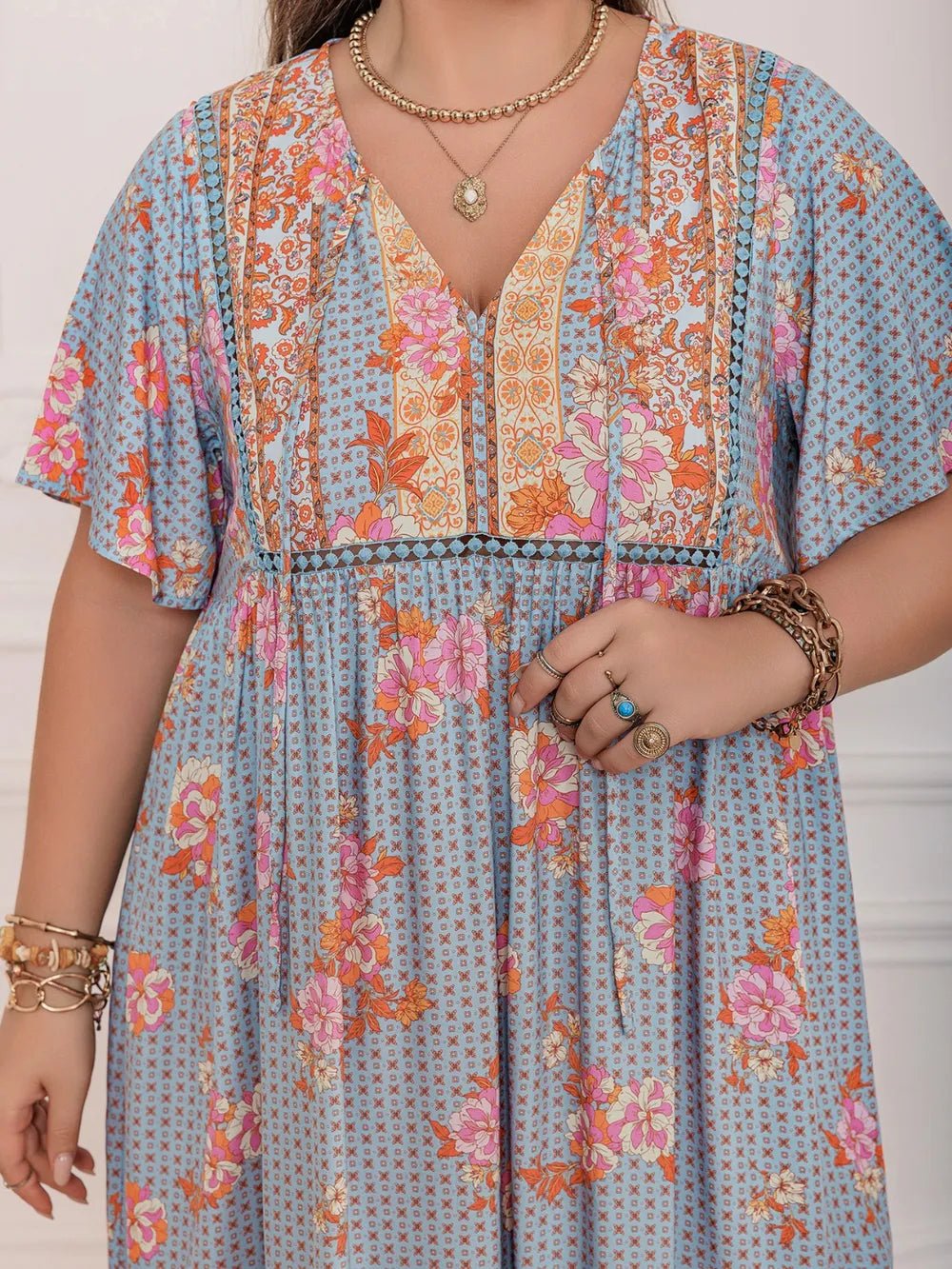 Plus Size Printed Tie Neck Flutter Sleeve Maxi Dress - MAD RUFFI