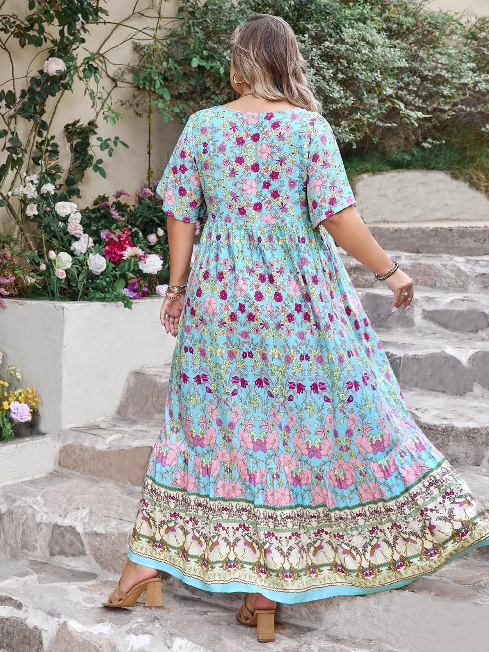 Plus Size Printed Tie Neck Flutter Sleeve Maxi Dress - MAD RUFFI