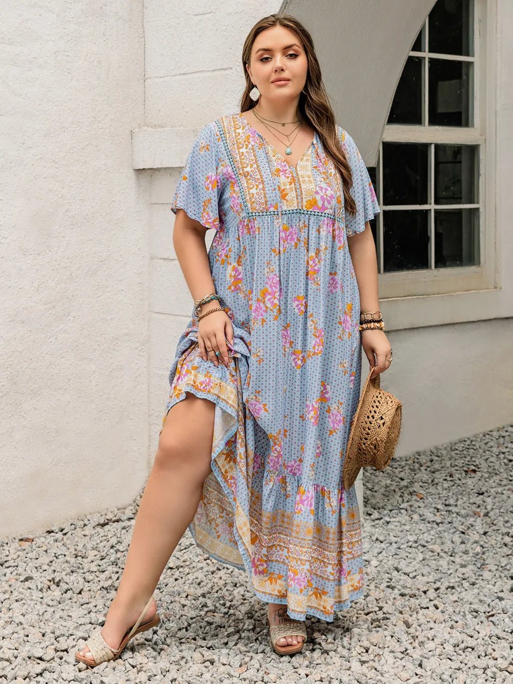 Plus Size Printed Tie Neck Flutter Sleeve Maxi Dress - MAD RUFFI