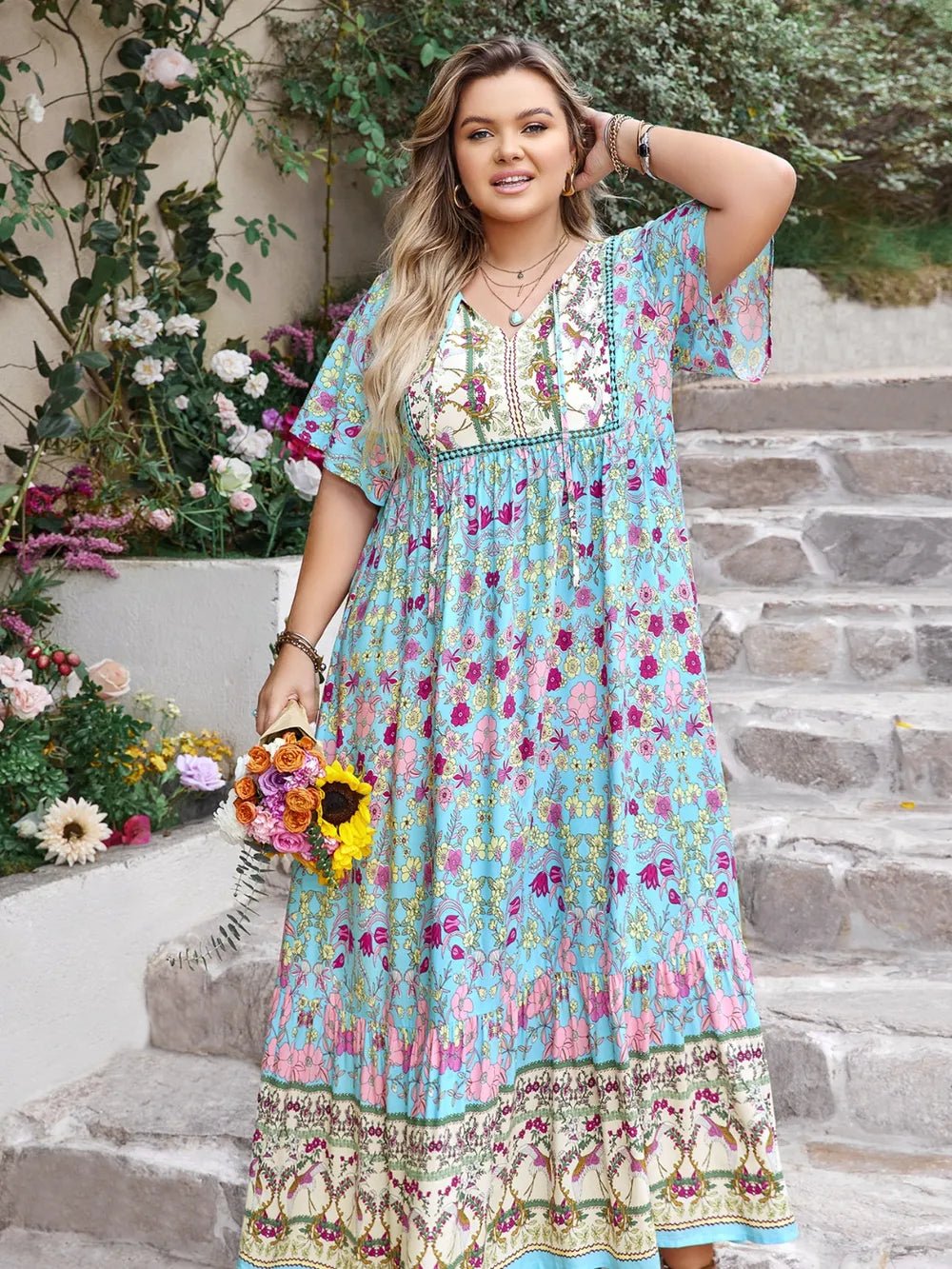 Plus Size Printed Tie Neck Flutter Sleeve Maxi Dress - MAD RUFFI