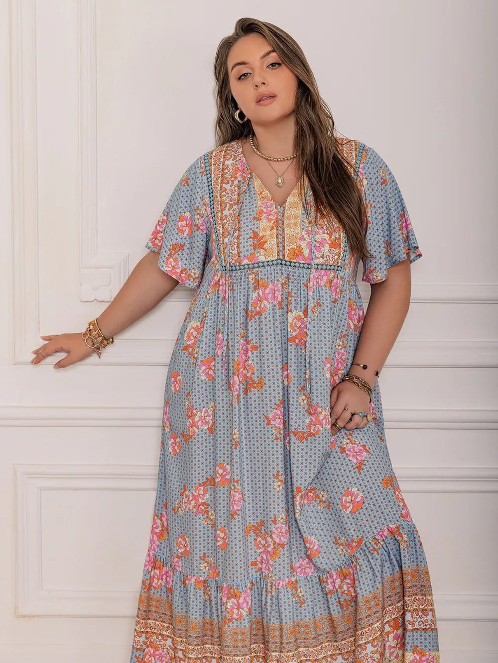 Plus Size Printed Tie Neck Flutter Sleeve Maxi Dress - MAD RUFFI